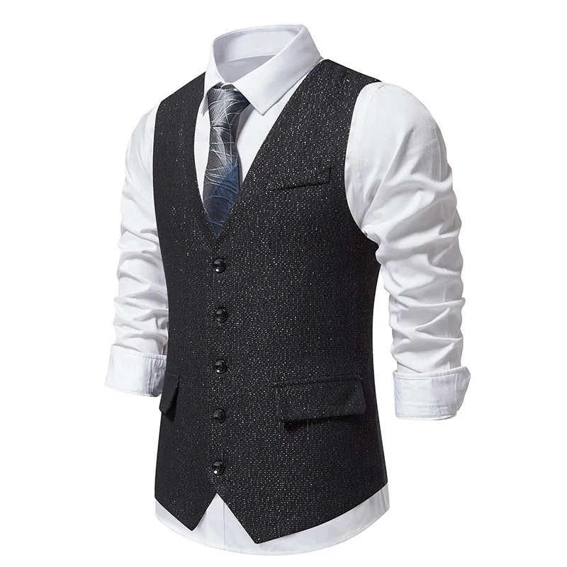 

Men Vintage Black Suit Vest 2023 Brand Elegant Herringbone Tweed Suits Vests Waistcoat Men Party Wedding Prom Chaleco Hombre XXL