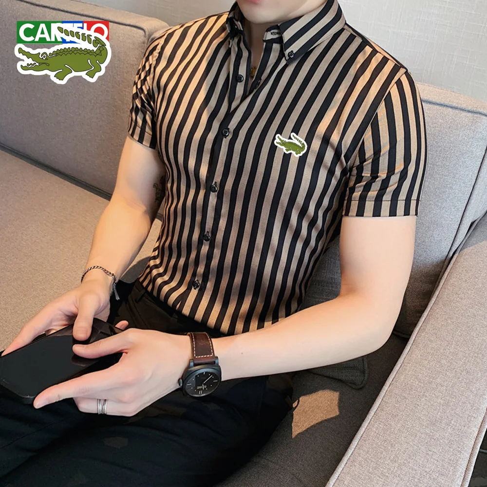 CARTELO Summer Men's Shirt 2023 Men's Business Casual Stand Collar Striped Short Sleeve Loose Hawaiian Henry Casual Shirt new men s short sleeve shorts boutique two piece set of solid color henry jacket sports elastic shorts men s suit wholesale