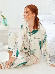 Home Wear Pajamas Women's Artificial Silk Hot Selling Ins Style Plant Printing