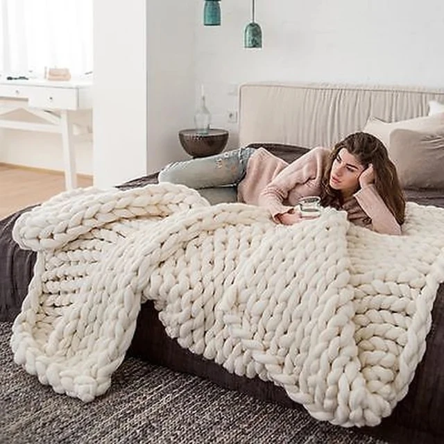 Manta tejida de punto grueso MLMGUO hecha a mano de lana merino para  dormitorio, sofá, decoración del hogar, estambre gigante( color marfil  blanco 40