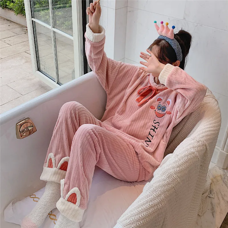 Kawaii Pajamas Set for Women Winter Warm Flannel Pink Cat Homesuit for Young Ladies Pyjama Mujer Thick Roomwear Cute Nightgown