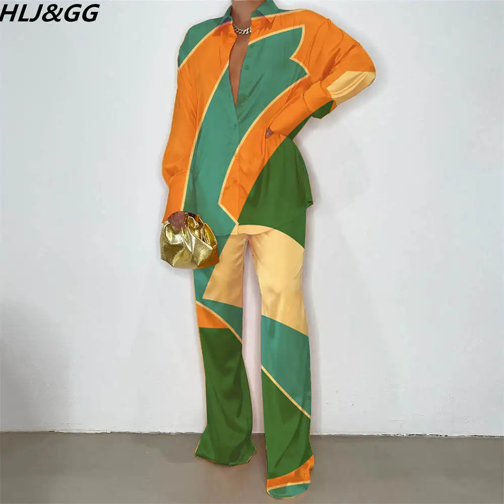 

HLJ&GG Casual Loose Geometric Retro Pattern Print Two Piece Sets Women Turndown Collar Long Sleeve Shirt + Straight Pants Outfit