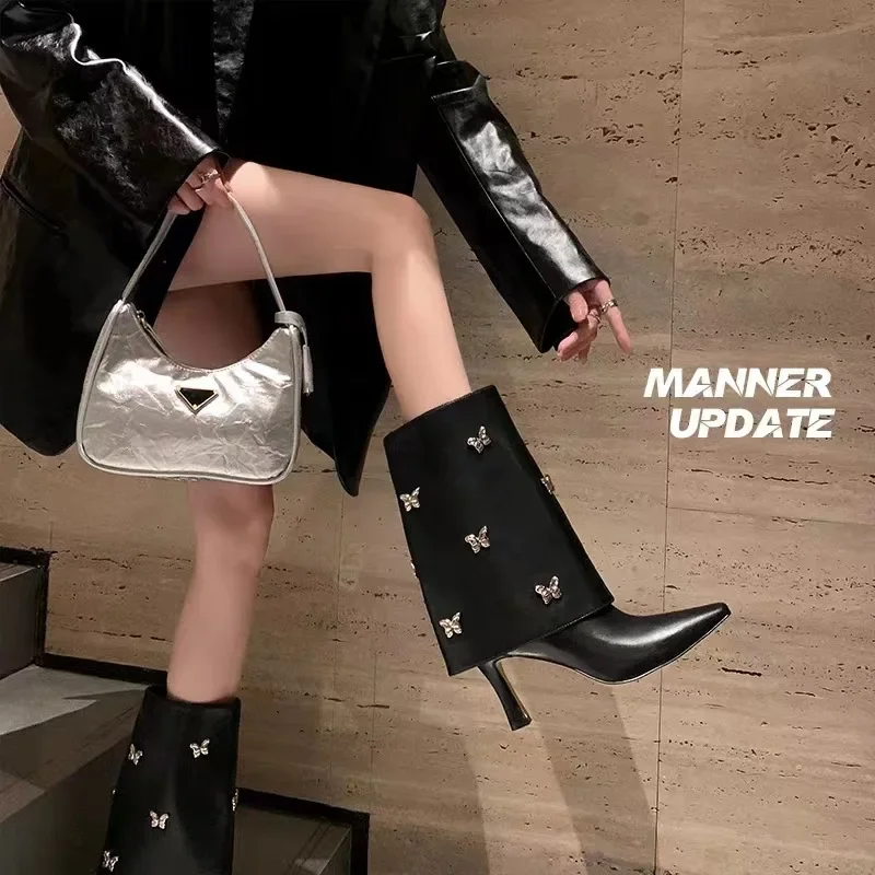 

Women's Fashion Leather Short Boots 2024 Autumn Winter New Warm Pointed Toe Thin High Heel Boots Metal Butterfly Button Boots