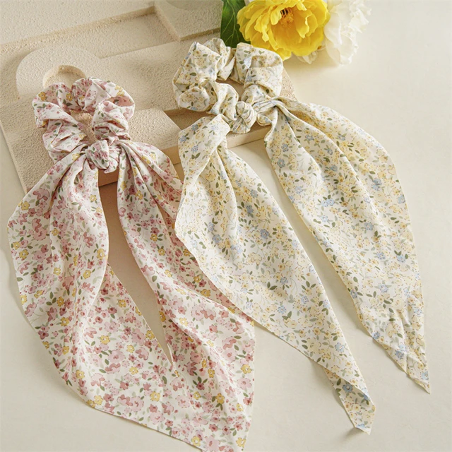 Floral Print Scrunchie Chiffon Bowknot Hair Ribbons For Women