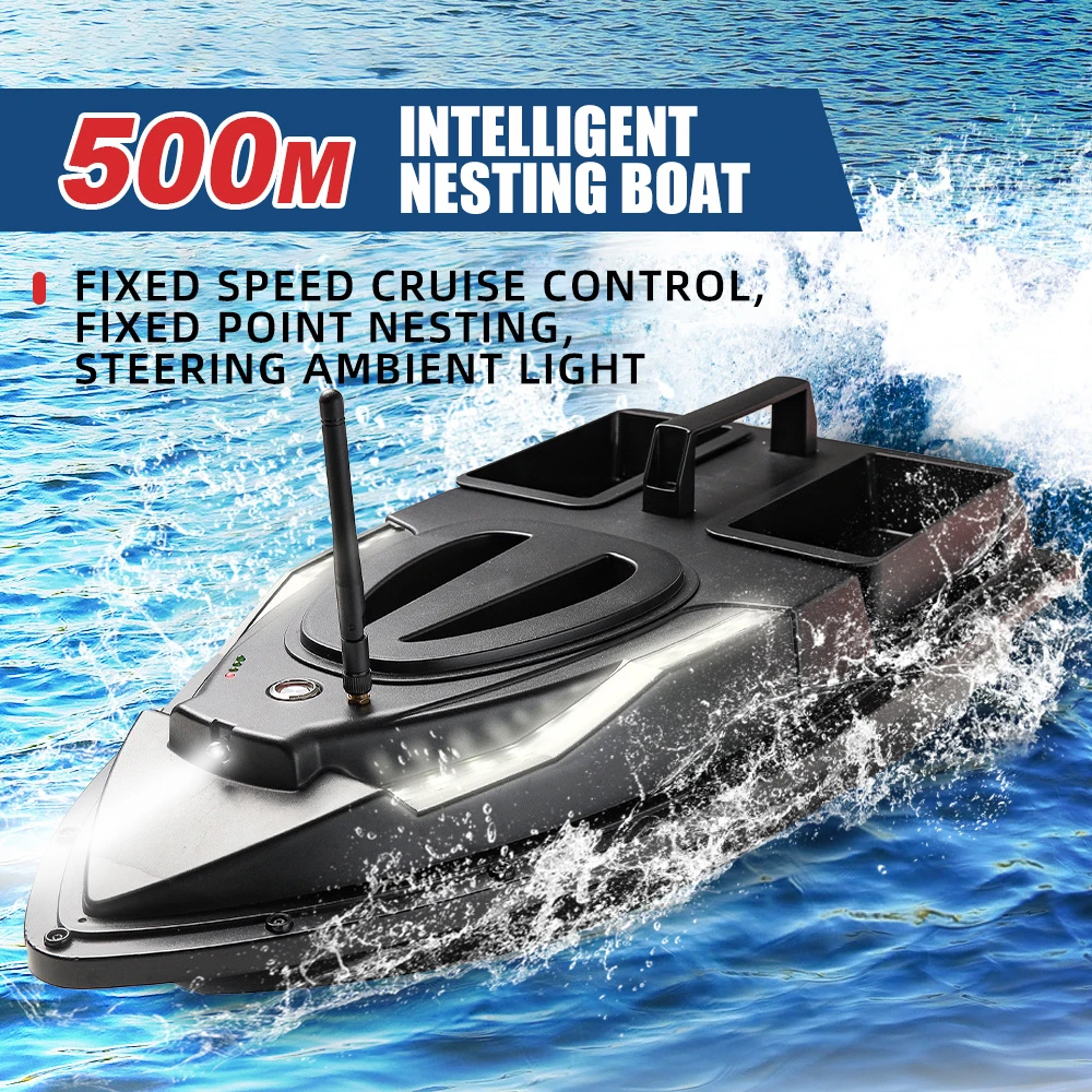 ラジコンボート Flytec-ラジコン漁船,餌,魚群探知機,2ホッパー,負荷2kg, 500m,遠隔操作