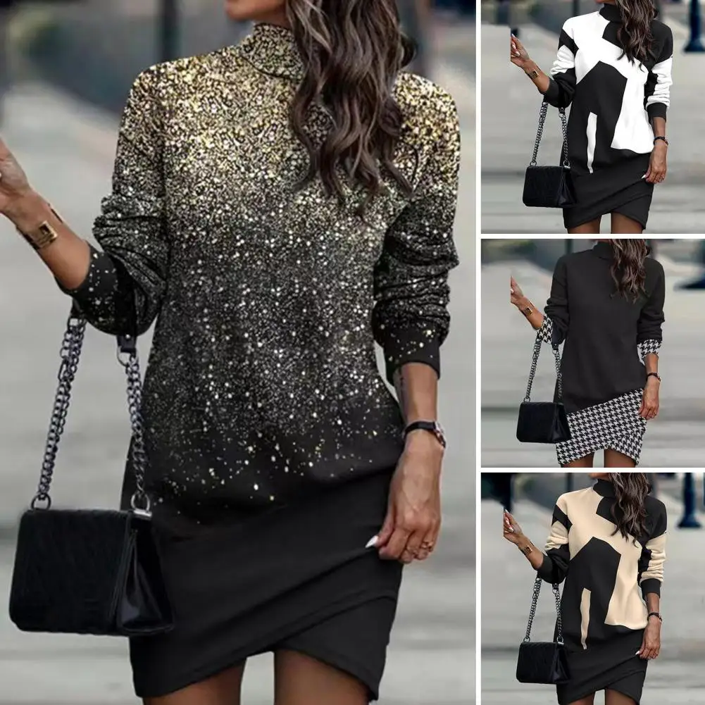 

Fall Mini Dress Chic Irregular Hem Women's Dress Contrast Color Pullover High Collar Soft Warmth for Fall/winter Fashion Elastic