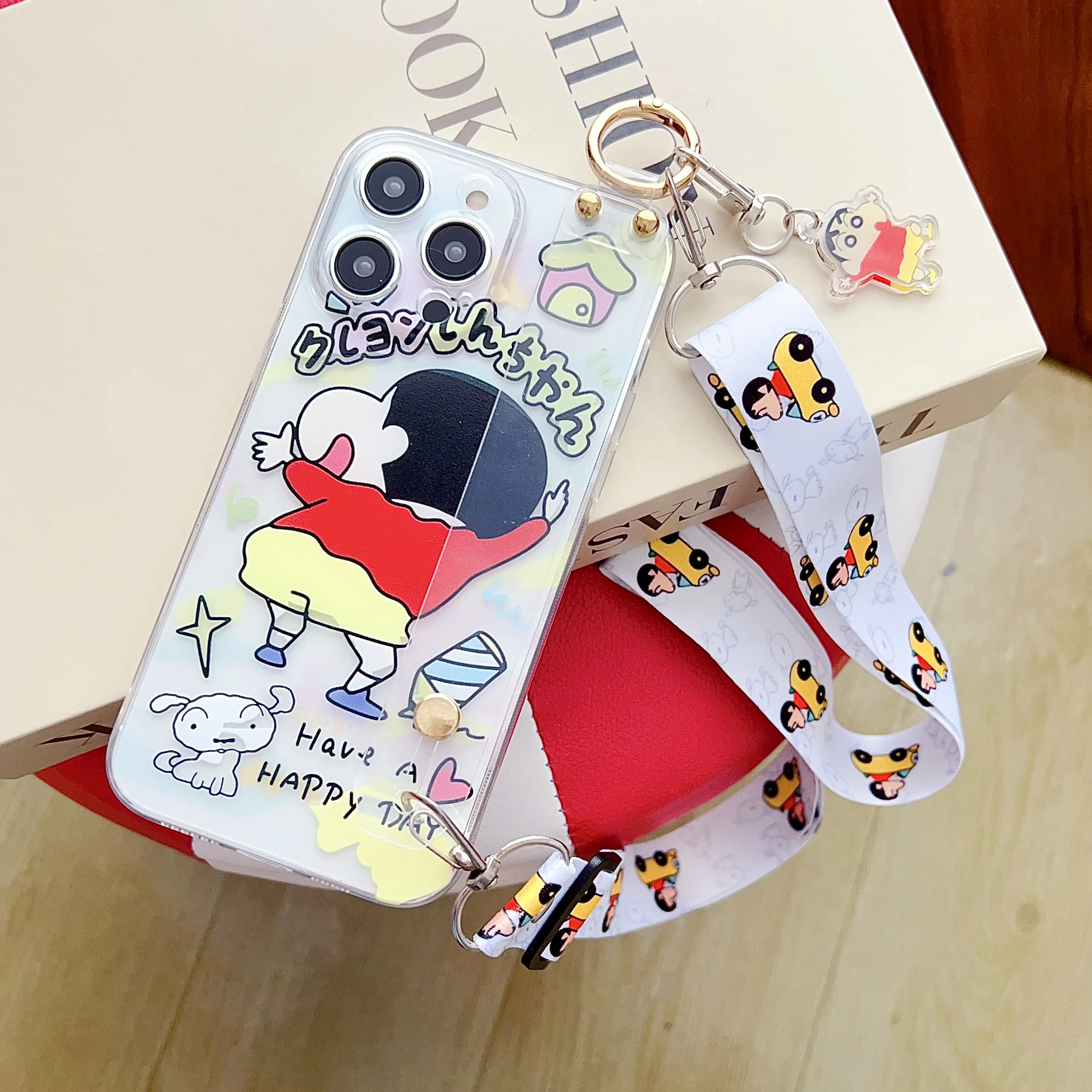 Crayon Dog Design Phone Case with Wrist Strap and Ornament