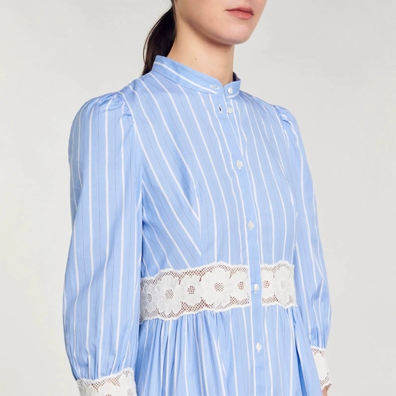 

Women Dress Striped Lace Crochet Splicing 2024 Spring New Casual Long Robe