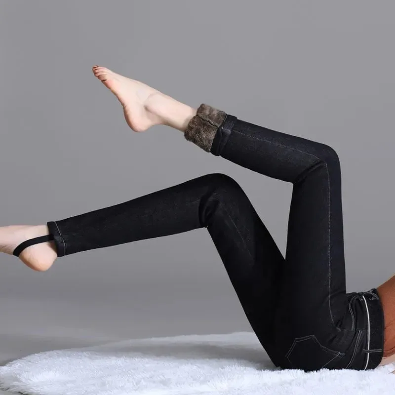Women Winter Plus Velvet Elastic Waist Black Skinny Vaqueros Casual Snow Wear Denim Pencil Pants Super Thick Cashmere Warm Jeans