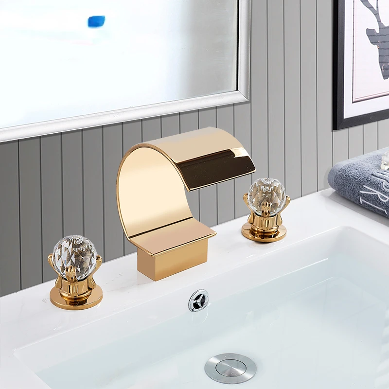 

3Pcs Golden Bathroom Basin Faucet Crystal Handle Widespread Hot Cold Water Mixer Tap Waterfall Bathroom Faucet Crane Torneiras