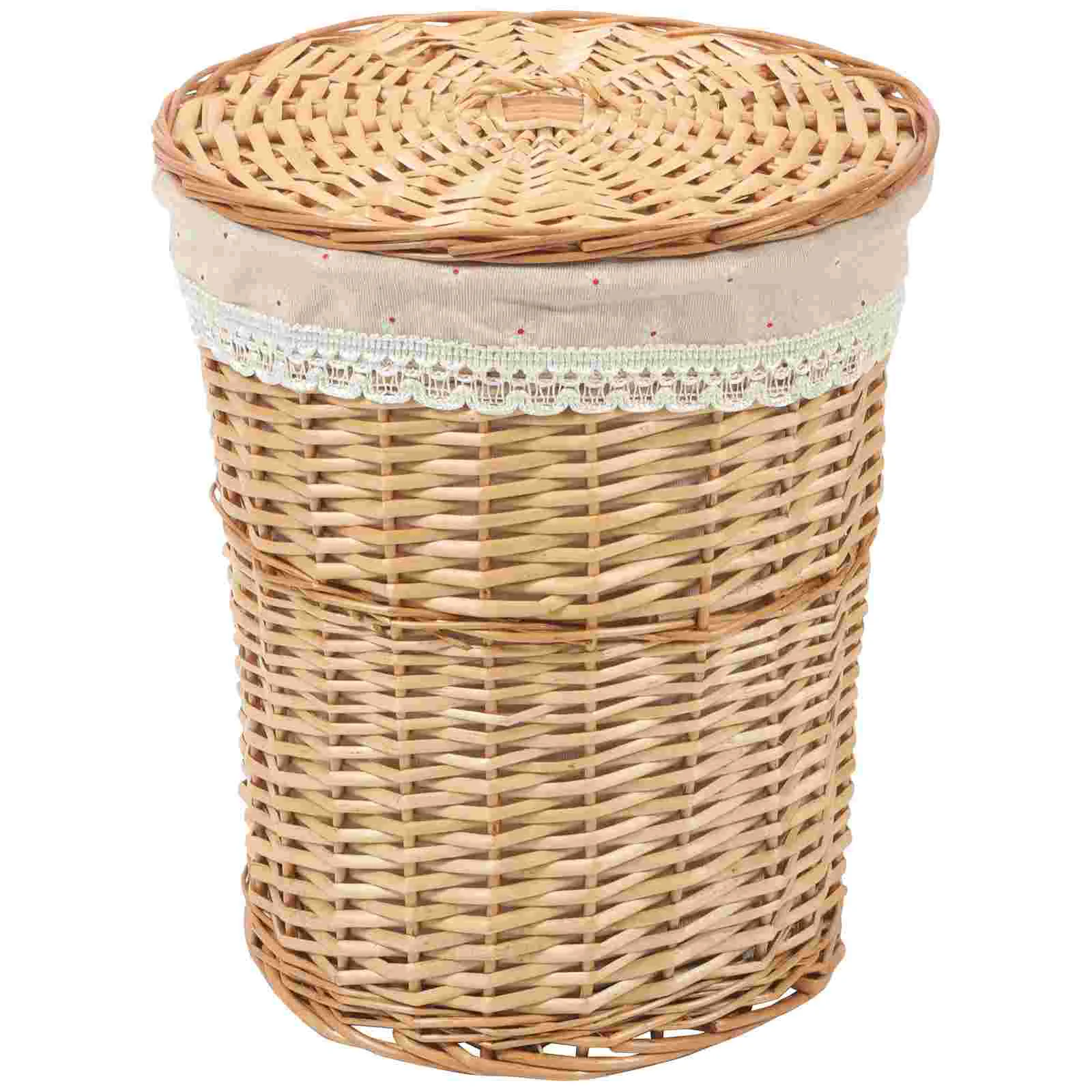 

Woven Storage Basket Laundry Hamper Clothes Toy Trash Can with Lid Organizing Weaving Weave Grocery Desktop