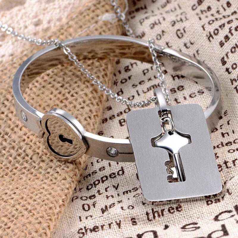 OurCoordinates Lock Bracelet and Key Necklace Jewelry Set for Couples - Valentines Day Gift, Silver
