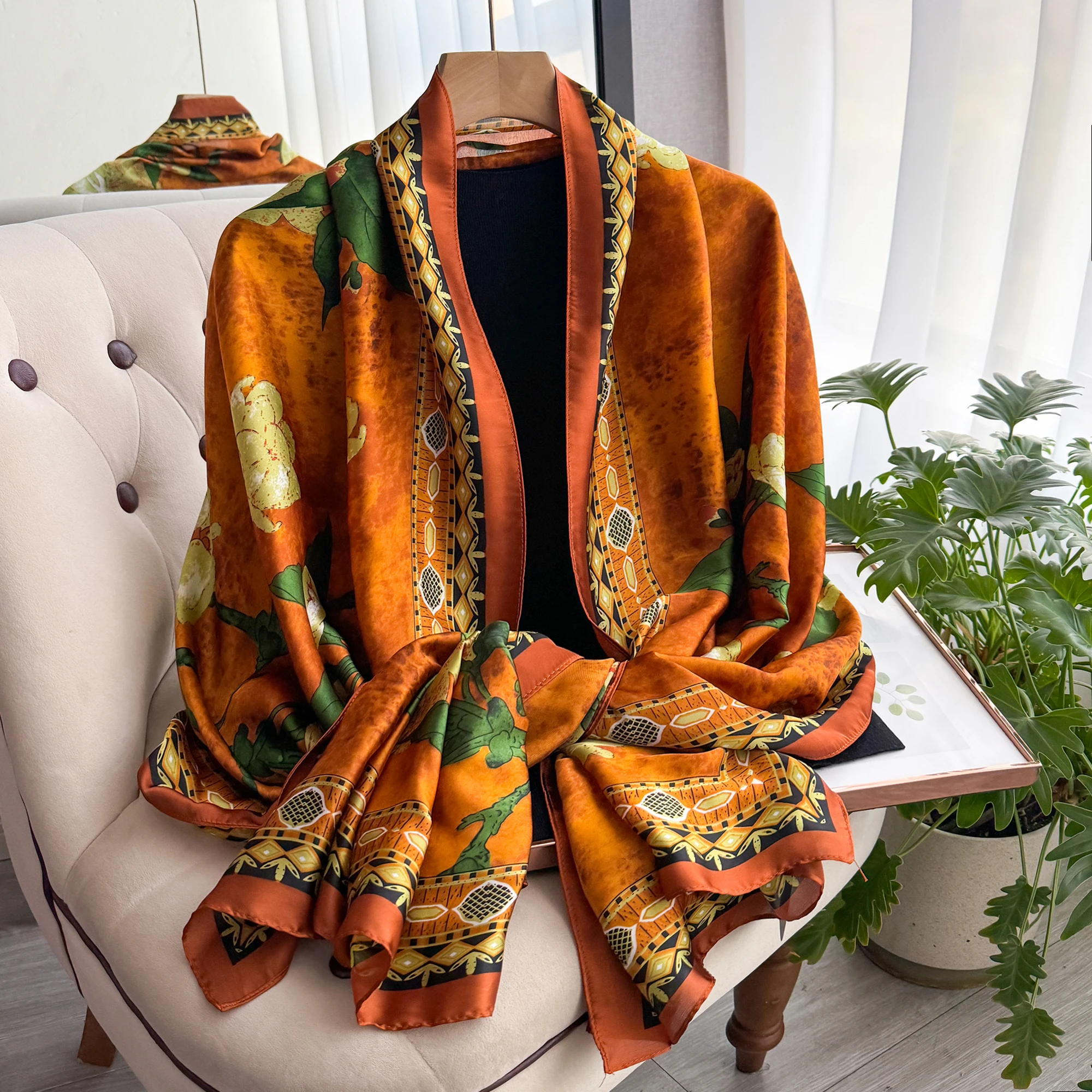 New Geometry Design Large Silk Soft Scarf Women Stylish Print Long Shawl Handkerchief Summer Sun protection Elegant Travel Wrap