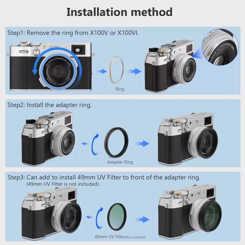 Paraluce E Adattatore Per Fujifilm X100VI/X100V/X100F - Kit In Metall O Con Filtro UV 49mm, Argento