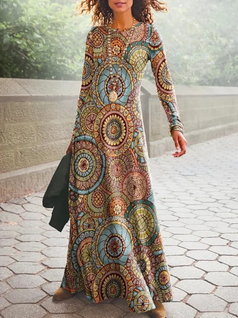 

Women's Vintage Boho 3D Geometric Print Dress 2023 Summer New Skirt O Neck Long Sleeve Loose Waist Dresses Lady Robe Long Skirt
