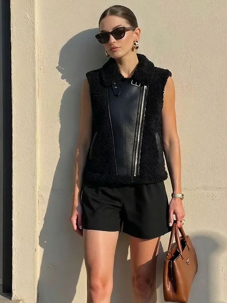 HH Women Elegant Fashion Faux Fur Leather Jacket Sleeveless Lapel Zipper Vest Female Vintage Lady Motorcycle Waistcoat Chic Vest