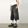 Summer Men's Loose Straight Leg Jeans Shorts American Retro Distressed Blue Wide Leg Seven Parts Pants Drapey Feel