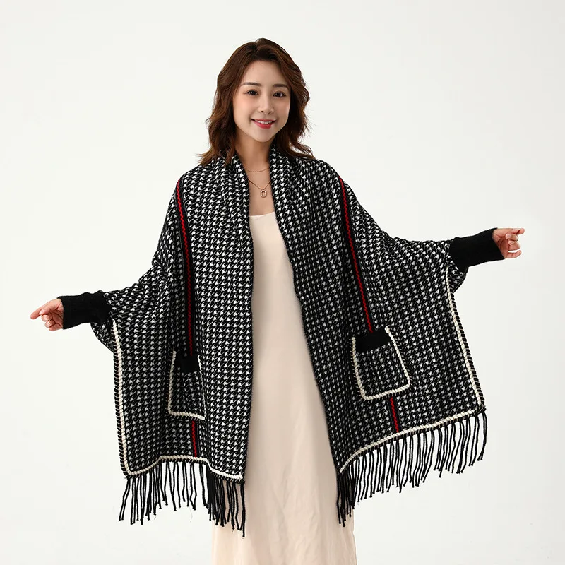 Imitation Mink Velvet Houndstooth Knitted Cloaks Women Warm Thick Big Pocket Capes Autumn Winter Plaid Coats Chic Travel Shawl travel st moritz chic книга