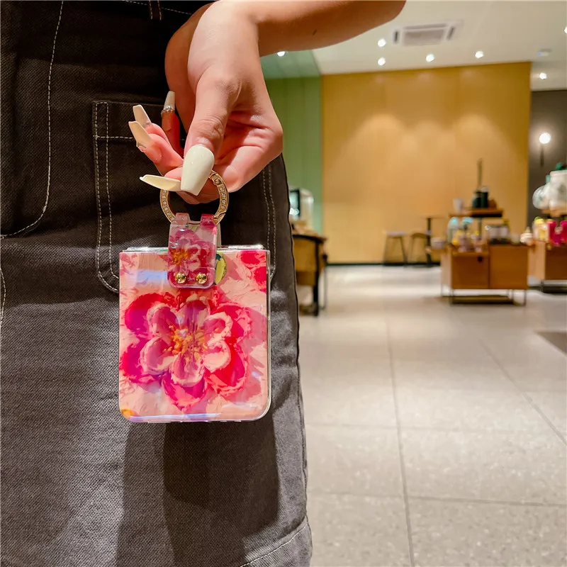 Ring Blu-ray Flower Phone Case For Samsung Galaxy Z Flip 5 4 3 5G PC Protective Flip5 Flip4 Flip3 Cover