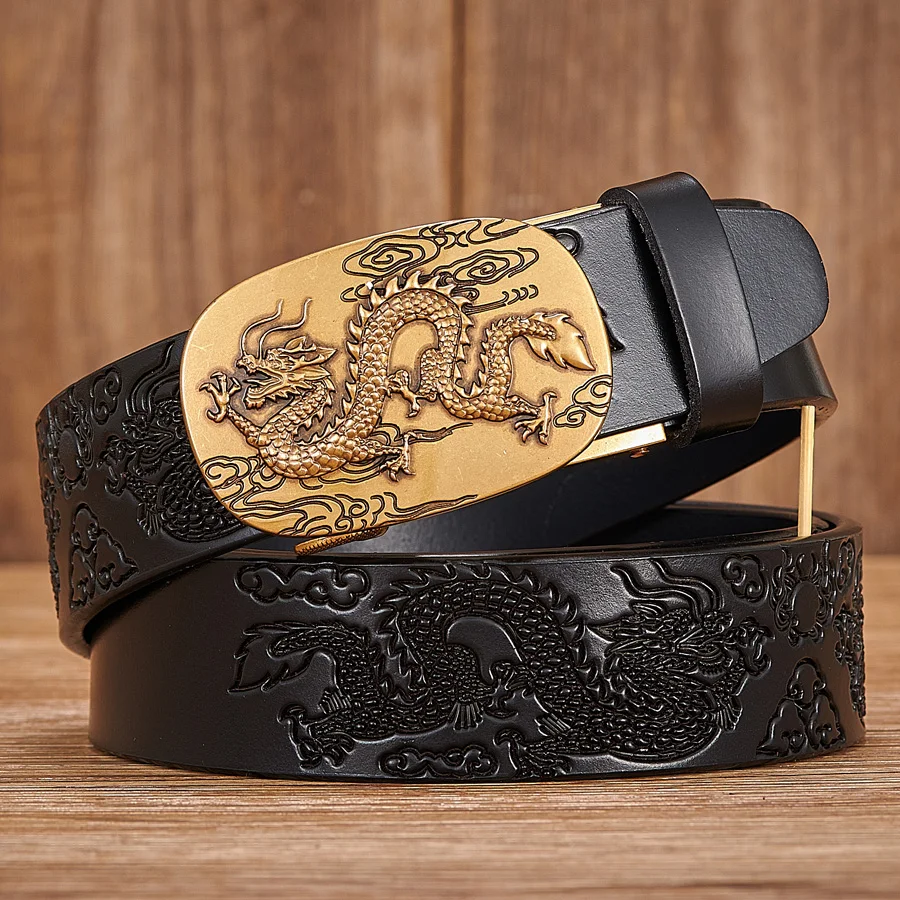 Male Genuine Leather Belts Casual Ratchet Belt with Automatic Buckle Luxury Design Dragon Pattern Belts for Business Men Strap