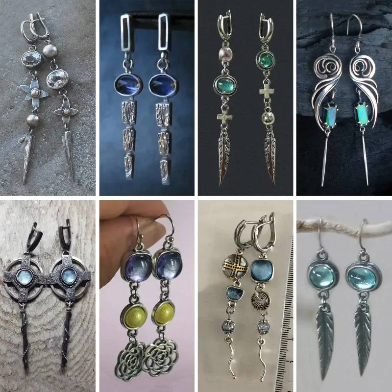 Vintage Long Blue Tassel Drop Earrings for Women Ethnic Style Creative Old Antique Silver Color Personalized Jewelry Accessories