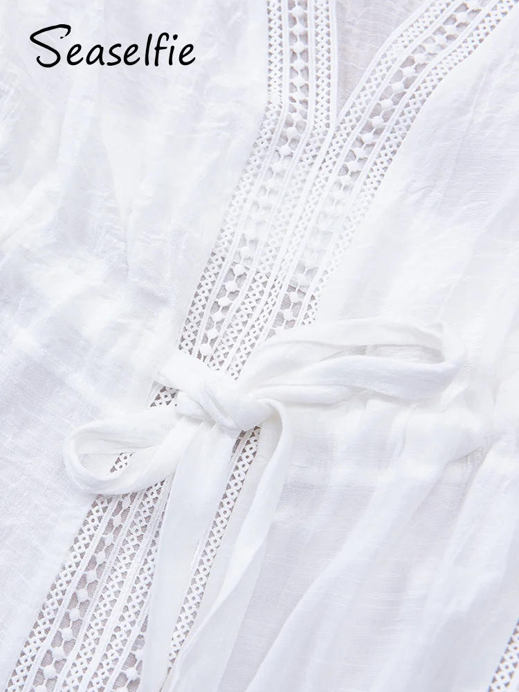 SEASELFIE v 넥 술 비키니 커버 여성용 화이트 드로우 스트링 허리 루스 비치 Kaftan 2024 Holiday Midi Dress Beachwear