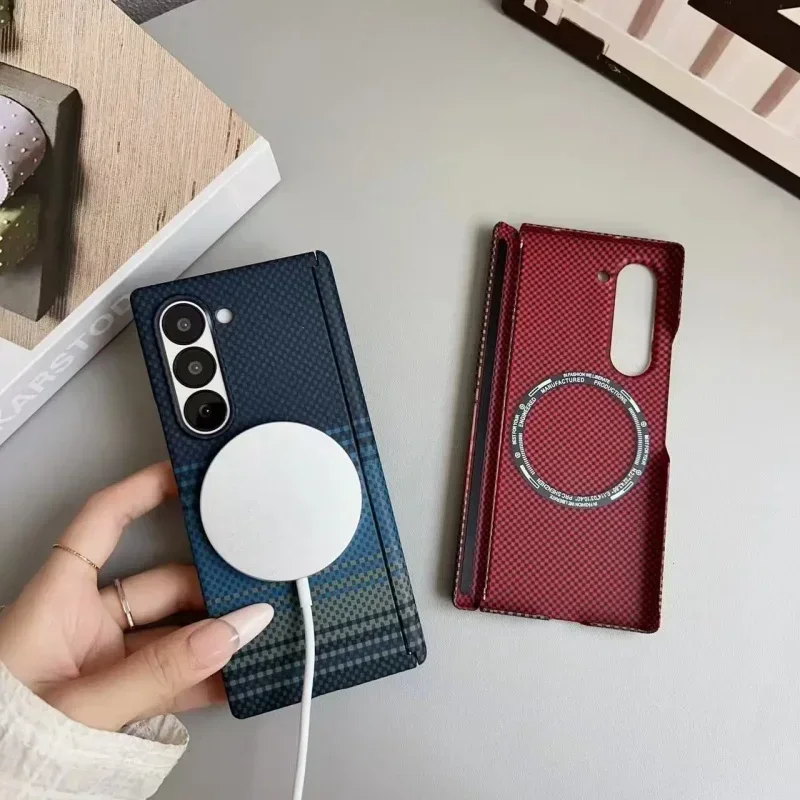 Luxury Invisible Magnetic Hinge Phone Case with Carbon Fiber Texture – Wireless Charging Shockproof Cover