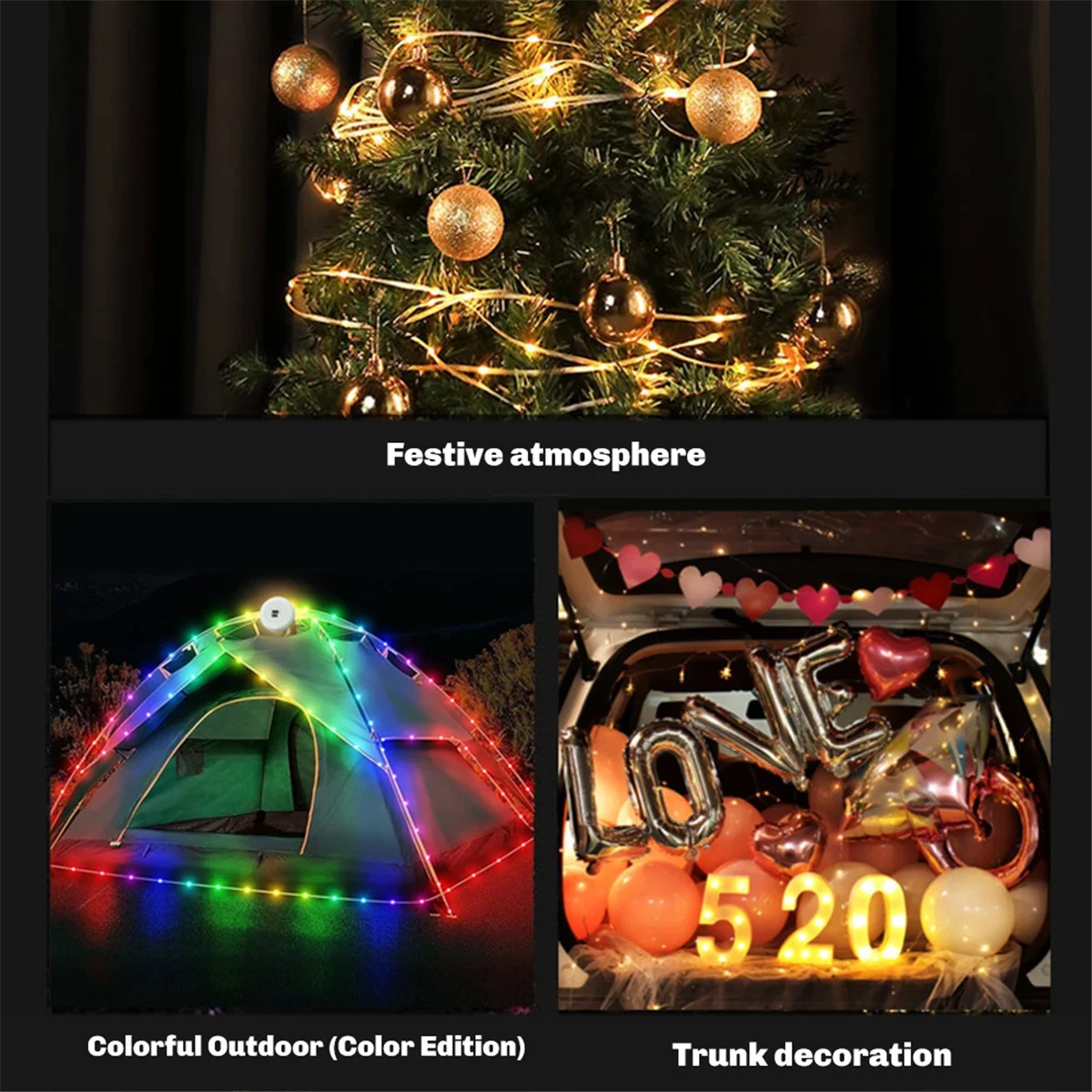 BAAU Camping String Light & Lamp 32.8FT USB Rechargeable Waterproof LED for Outdoor Decor and Home Regular Model