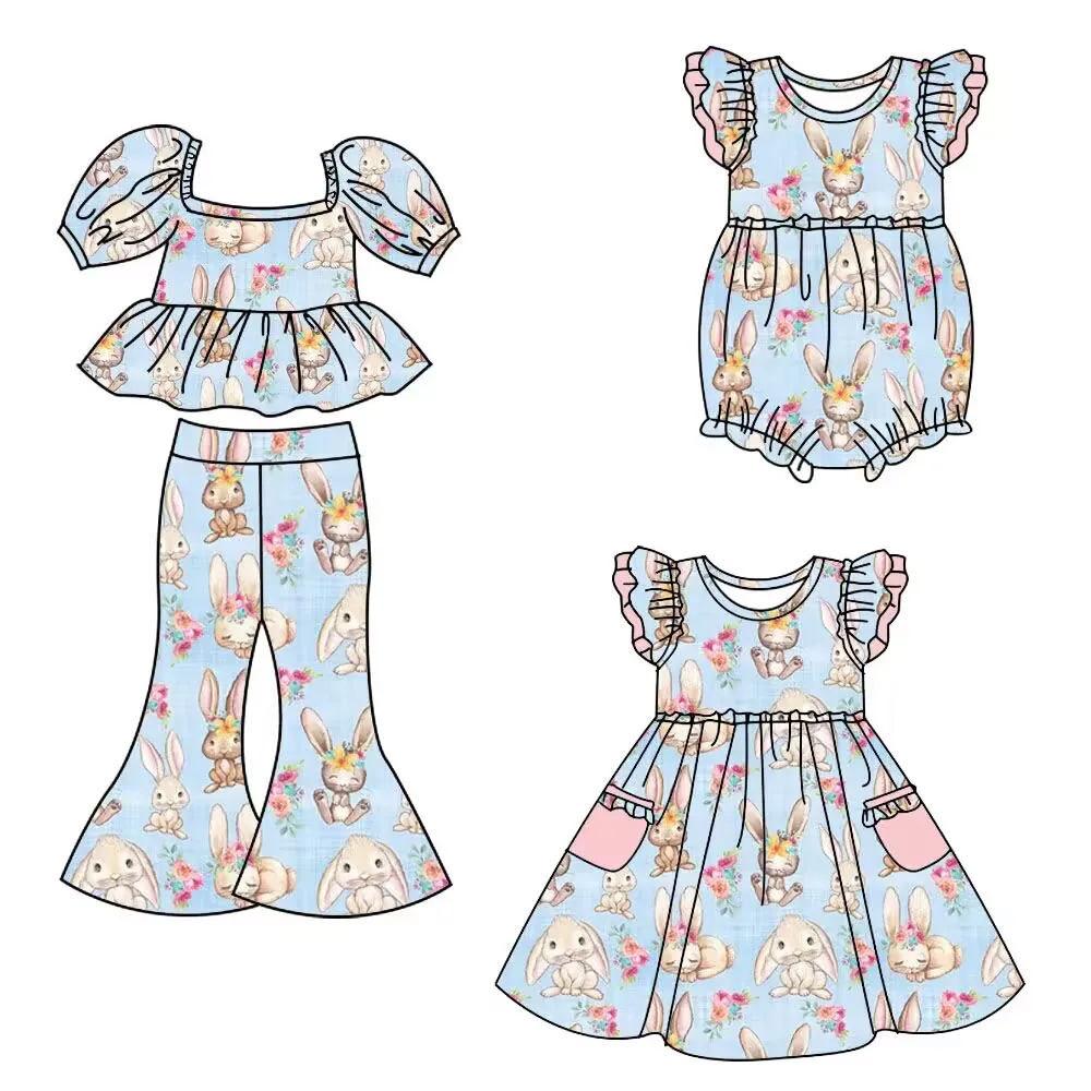 

Boutique Children's Easter New Design Summer Suit Rabbit Print Blue Small Flying Sleeve Series Milk Silk Suit Wholesale