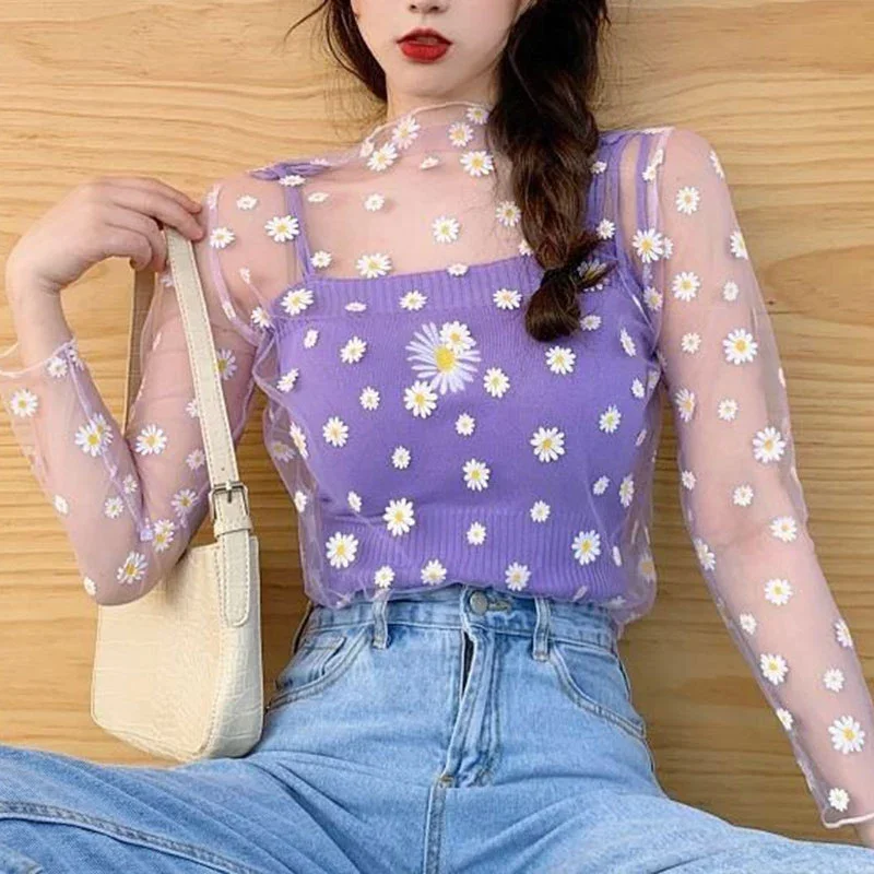 Women Sexy Daisy Mesh See Through T Shirt Cute Flower Pattern Crop Top Long Sleeve Beach Cover Transparent T Shirt Tops