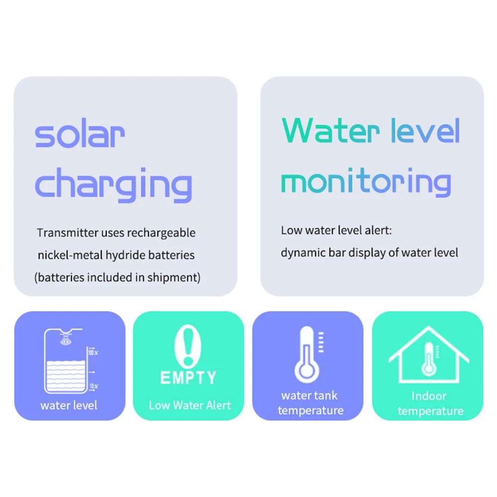 Description Picture 5 of itemUltrasonic Wireless Water Tank Liquid Level Meter With Solar Temperature Sensor 1-5Meters Level Monitor Time Display Smart Alarm