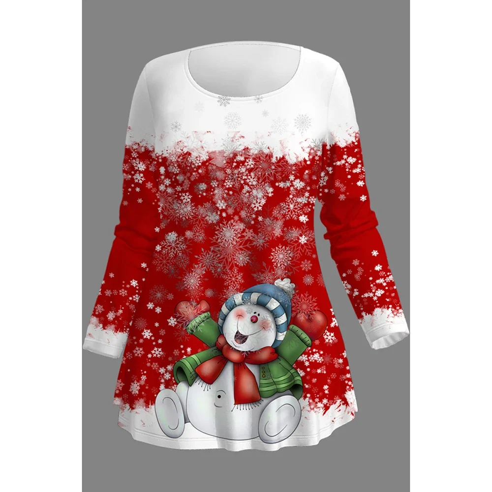 Plus Size Christmas Casual Red Ombre Snowflake Snowman Print Long Sleeve T-Shirt