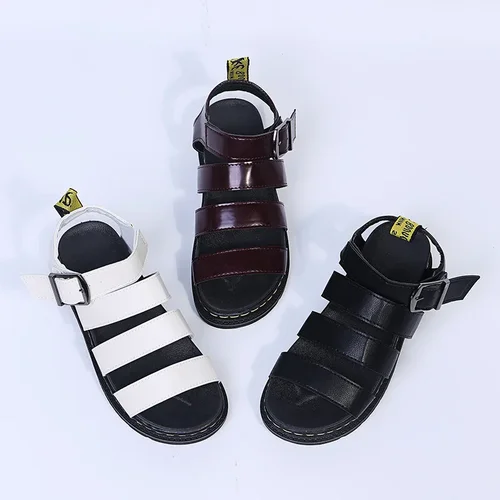 여성용 클래식 가죽 샌들, 로마 버클 오픈 토 비치 슈즈, 두꺼운 바닥 가죽, 물고기 입 트리플 샌들, 여름 2023 4