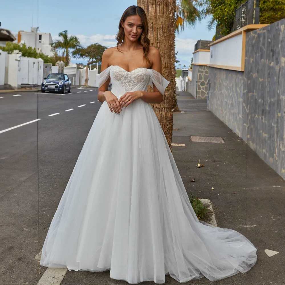 

Elegant Sweetheart Collar Tulle Wedding Dresses for Bridal A-line Court Lace up Beaded Pearls Wedding Gown Свадебное платье