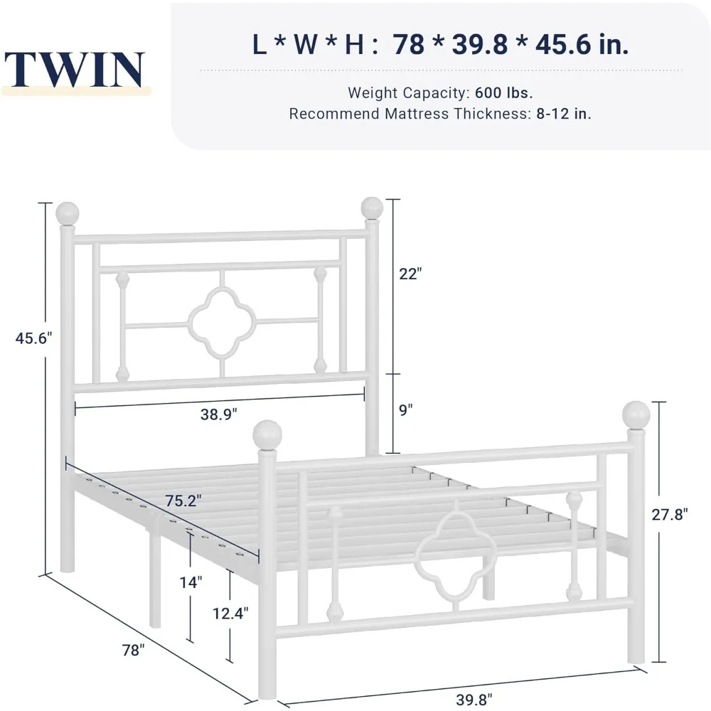 Twin Size Metal Platform Bed Frame with Victorian Vintage Headboard and Footboard Mattress Foundation Under Bed Storage