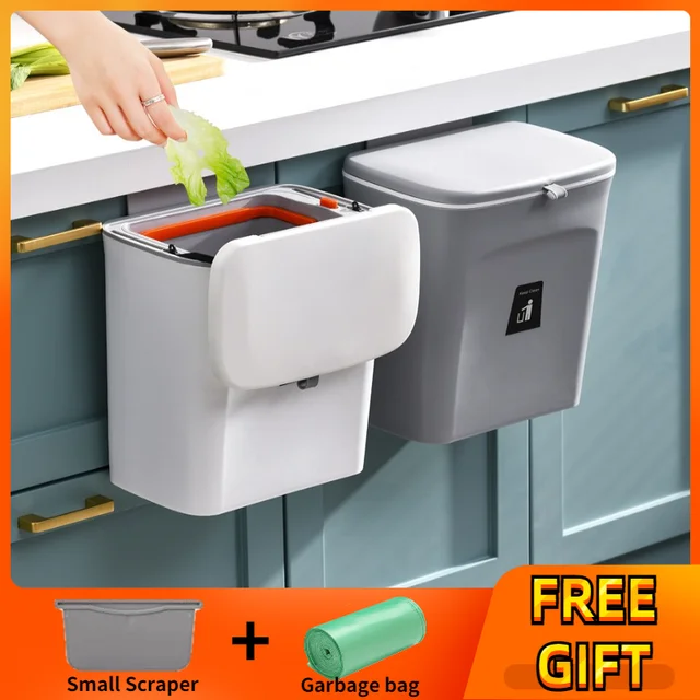 7/9L cubo basura cocina para la puerta de la cocina balde colgante basura  Bartroom montado en la pared de la basura con tapa cubo de basura -  AliExpress