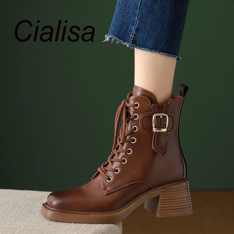 

Женские ботильоны из натуральной кожи Cialisa, черные короткие ботинки на платформе и высоком каблуке, с квадратным носком, Осень-зима