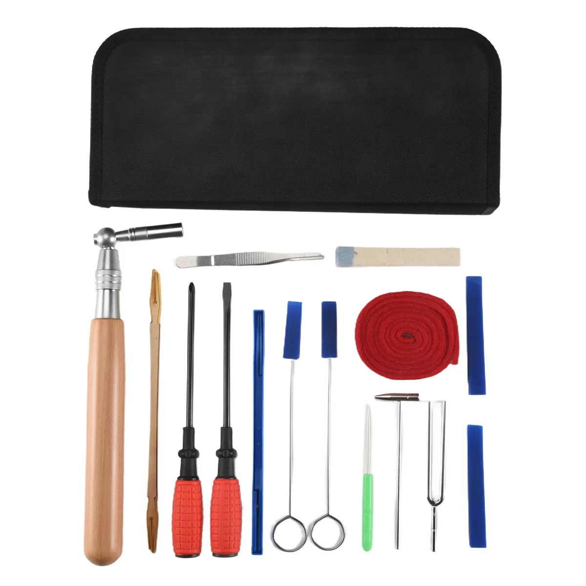 A51Q-Piano Tuning Kit 16Pcs Professional Piano Tuners Tools Set Wrench Hammer Mute Fork Screwdriver Belt Tweezers Clip