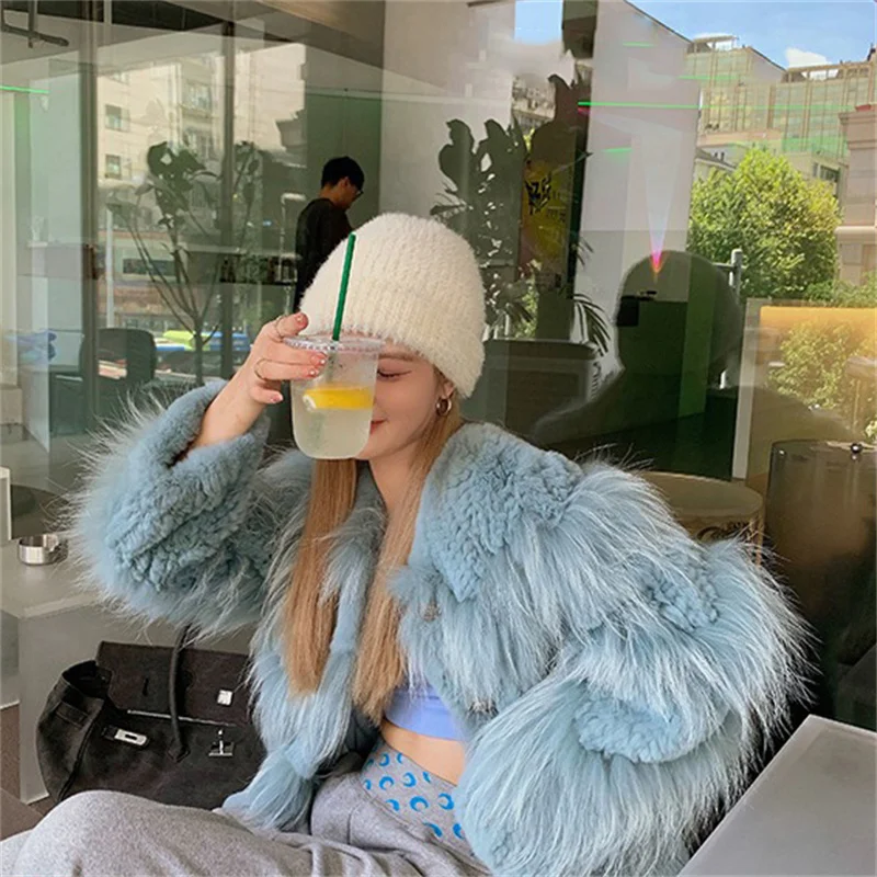 Korean Women's Fur Braided Coat Beaver Rabbit Fur Raccoon Fur Braided Coat Winter Luxury V-neck Design Warm Coat