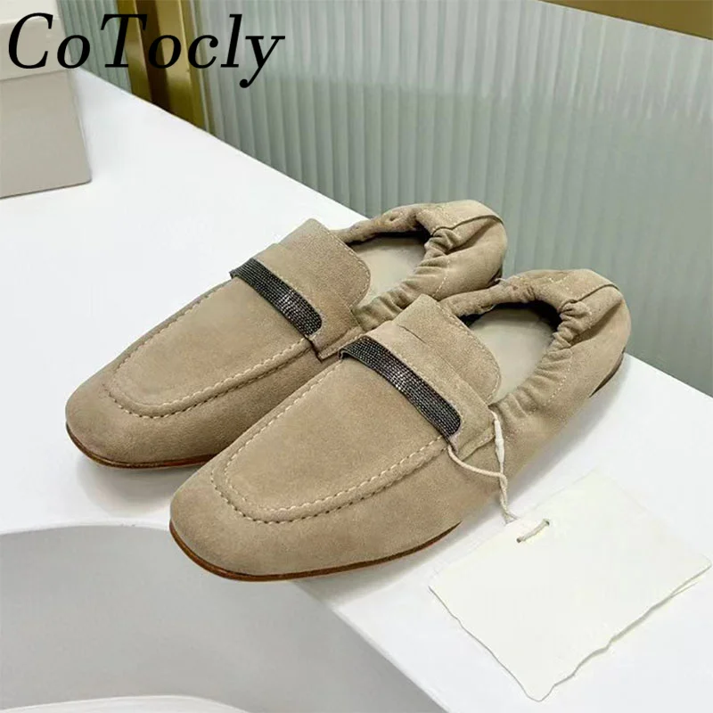 

Hot Sale Flat Shoes For Woman String Bead Chain Square Toe Loafers High Quality Cow Suede Comfort Outdoors Walking Shoes Women
