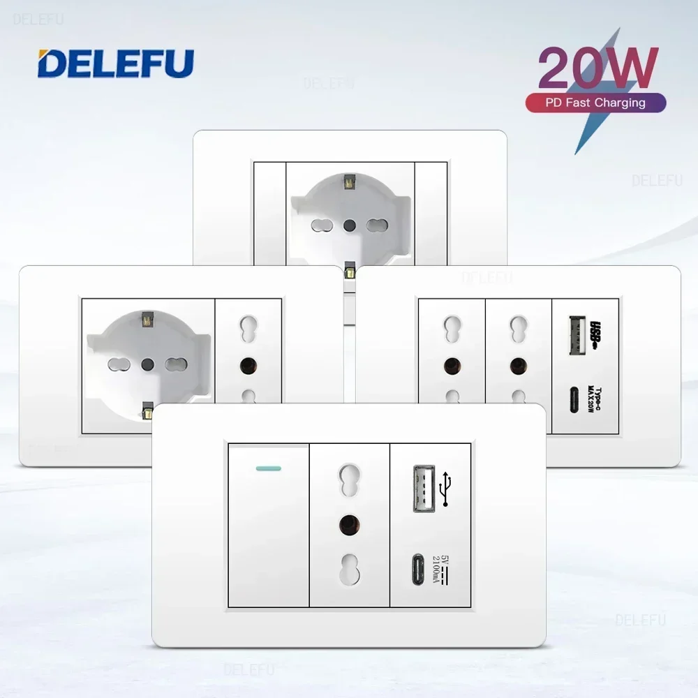 DELEFU สีขาว Retardant PC อิตาลี USB TypeC Fast CHARGING Wall SOCKET Schuko Tuya WiFi สมาร์ทสวิทช์ SAT TV Tel Doorbell ชิลี 1