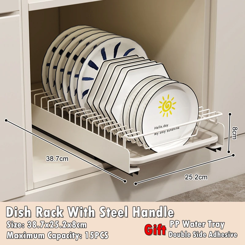 Smooth Sliding Kitchen Cabinet Rack Pull Out Dish Drying Drawer With Water Tray Drainer Stainless Steel Bowl Basket 5