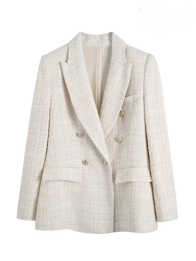 

Женский твидовый двубортный Блейзер, винтажный пиджак с длинным рукавом и карманами с откидной крышкой, верхняя одежда, 2024
