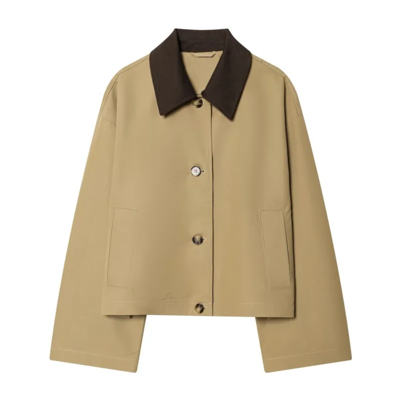 Women's Short Trench Coat with Contrast Collar New Spring Turn Down Collar Long Sleeve Button Women Coats Chic Female Jackets