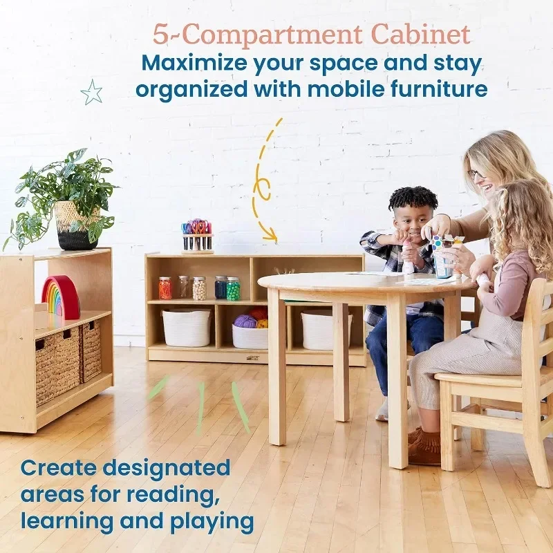 ECR4Kids 5-Compartment Mobile Storage Cabinet, 24in, Classroom Furniture, Natural 4