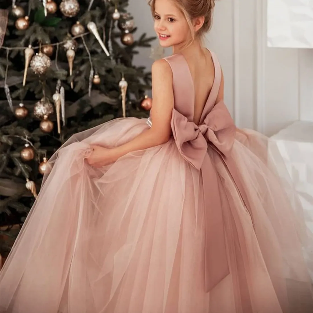Sweet Ball Gown Satin With Bow Knot Flower Girl Dress C6087