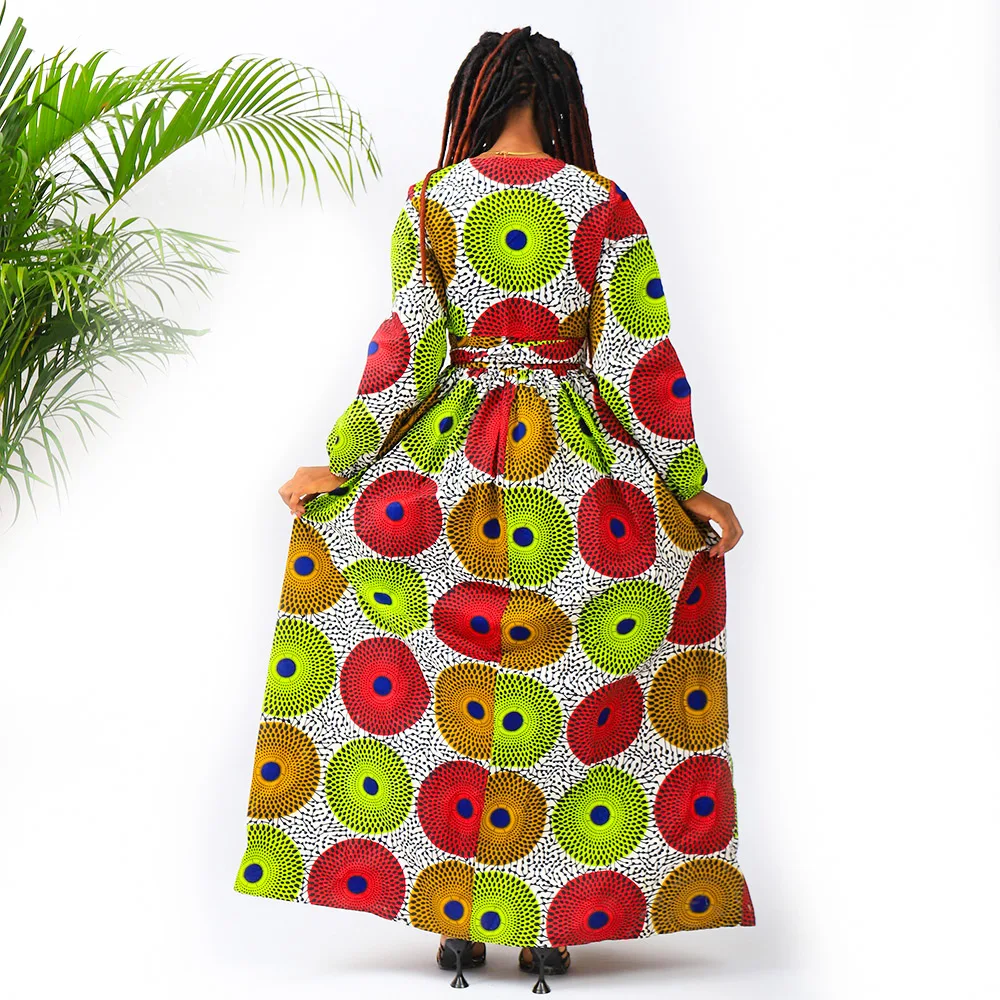 African dresses For Women Elegant Ankara Print V-neck Side Split African Fashion Maxi Dress Long Sleeve Party Ankara Dress