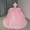 Princess Strapless Ruffles Ball Gown Quinceanera Dresses Pink 3D Flowers Sequined Lace Lace Up vestidos de quinceañera 6788 2