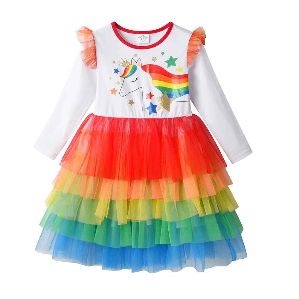 DXTON Cartoon Kinder Kleid Regenbogen Stern Kinder Geburtstag Elegante Kostüme Farbverlauf Einhorn Herbst Prinzessin Tutu Layered Kleid – Detail 3