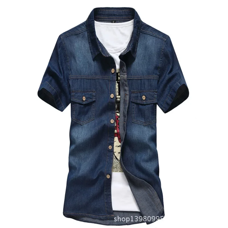 Summer Korean Men's Denim Short Sleeve Fashion Youth Slim Fit Ripped Denim Shirt Casual Thin Top